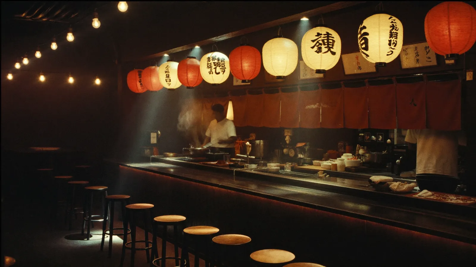 Interior of the ramen bar with a long wooden counter and glowing red lanterns