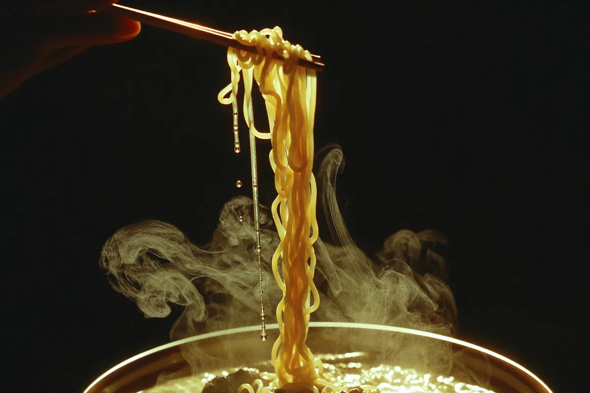 Chopsticks lifting noodles from a steaming bowl