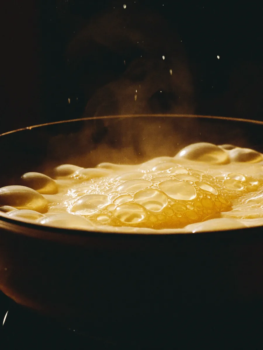 Macro shot of tonkotsu broth simmering