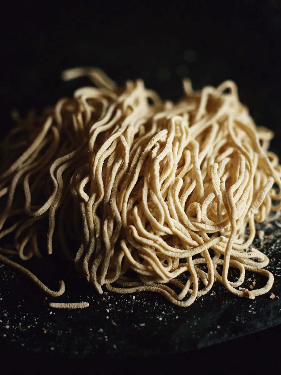 Macro shot of fresh handmade ramen noodles