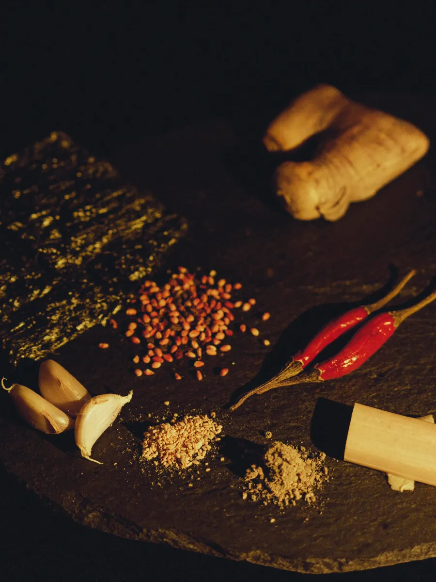 Macro shot of Japanese spices and aromatics